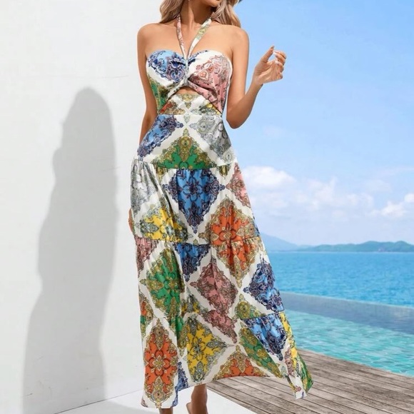 Scarf Print Tie Backless Halter Dress - Picture 5 of 6